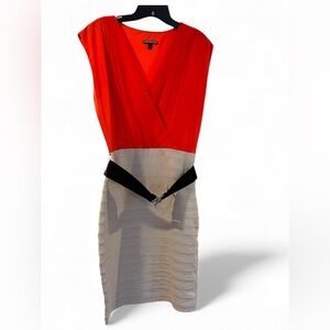 Express Vibrant Orange and Cream Midi Dress with Black Accent